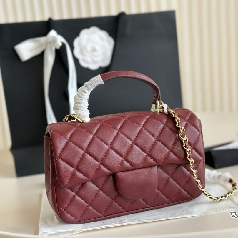 Womens Leather Handle Totes Lambskin CF Square Quilted Bags Classic Mini Flap Gold Metal Hardware Turn Lock Matelasse Chain Crossbody Shoulder Handbags 20CM