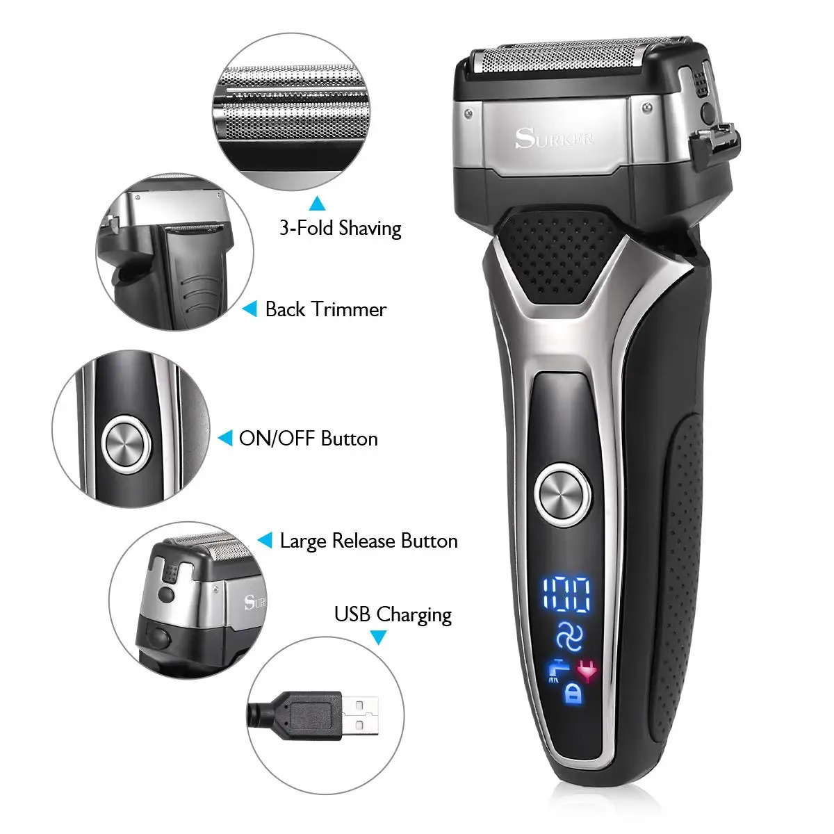 Wet Dry Rechargeable Electric Shaver For Men Facial Beard Electric Razor Stubble 3-Blade System Shaving Machine Washable 241115