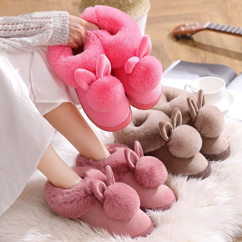 Winter Warm Home Fur Boots Womens Indoor Home Rabbit Shoe Furry Ears Footwear Indoor Bedroom Flat Heels Fluffy Ankle Boots 241115