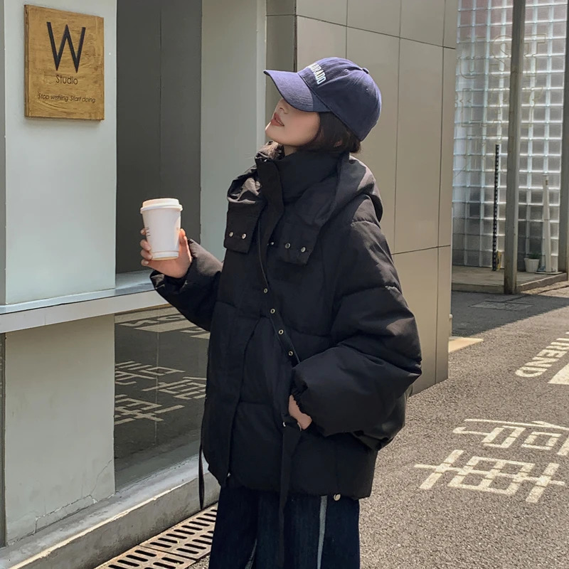 Solid Color Down Jacket Women Hooded Coat Stand Collar Fashion American Streetwear Duck Feather Female Winter Short Outwear 241115