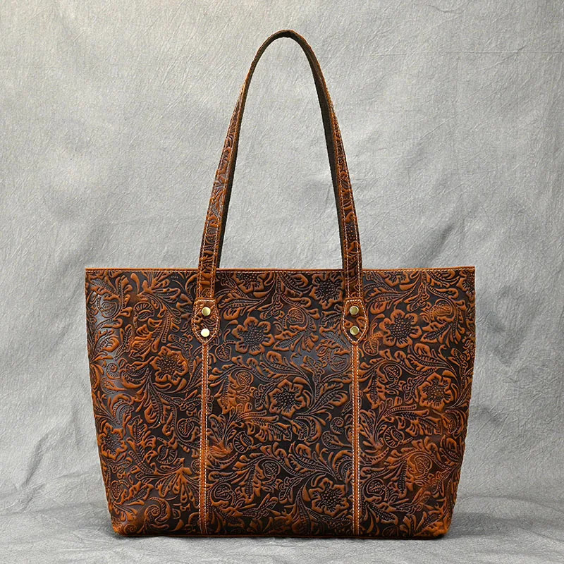 Retro embossed womens handbag Retro handmade genuine leather large capacity womens shoulder bag Womens handbag 241112