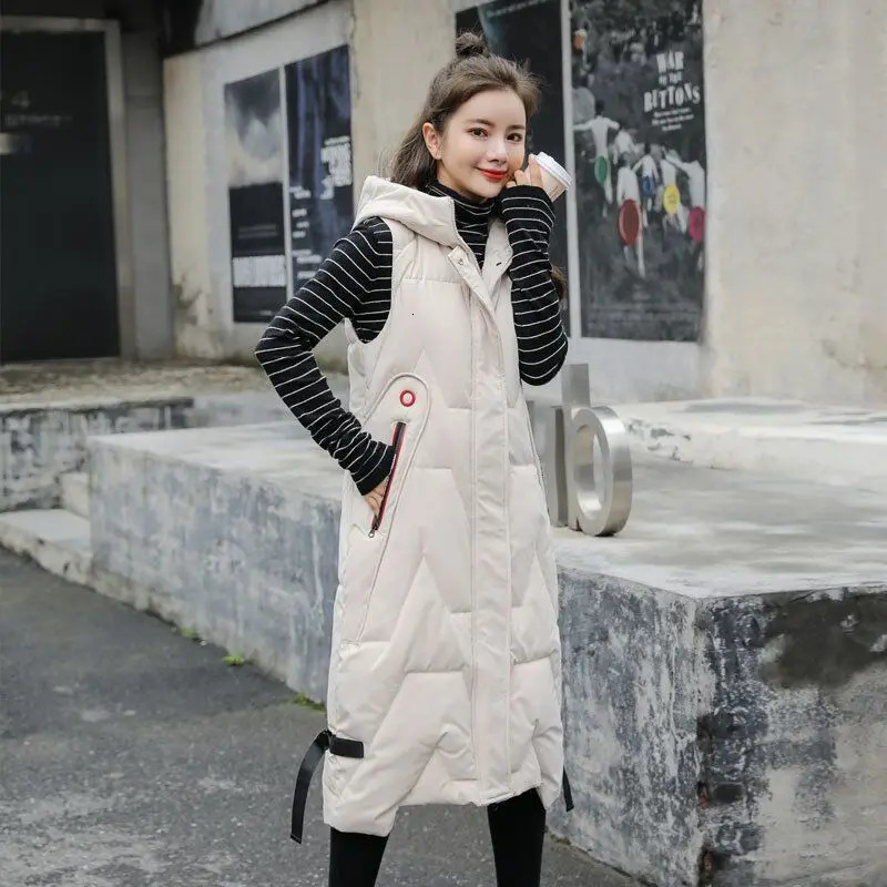 ultra-fine cotton vest sleeveless jacket for womens autumn and winter hooded waist jacket inflatable park long warm cotton jacket 241111