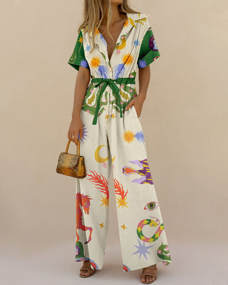 Street Style Womens Printed Cotton Pants Jumpsuit High Waist Casual 240416