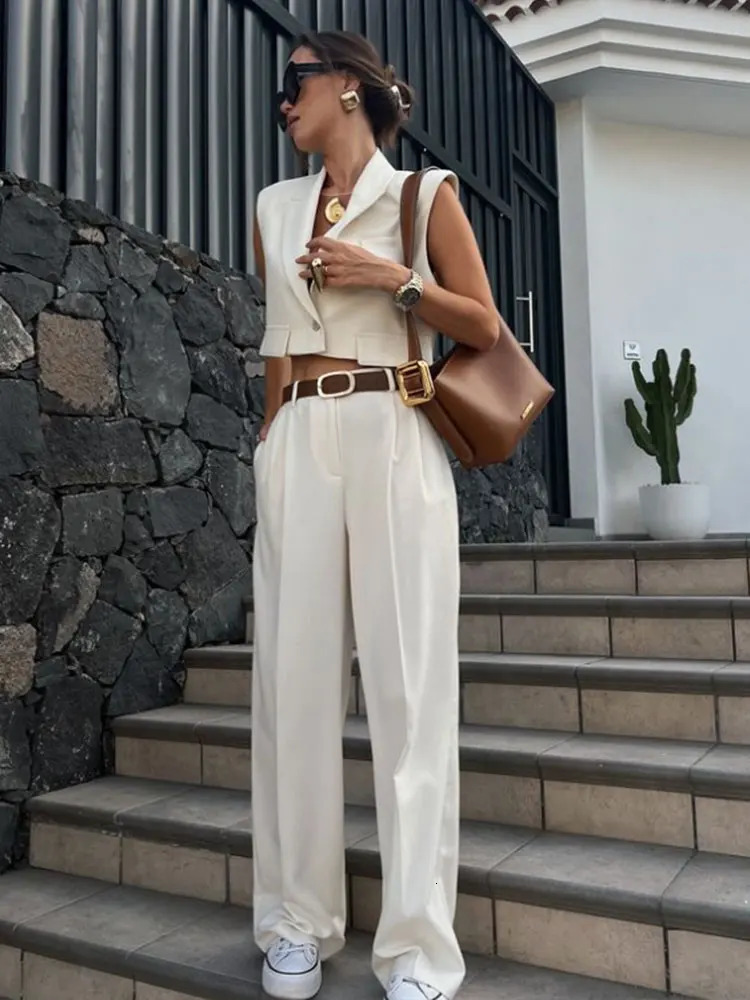 TRAF 2024 Elegant Sleeveles Blazer Vest Suits V Neck Office Tanks Female Crop Top Wide Pants Sets Y2K OL 241115