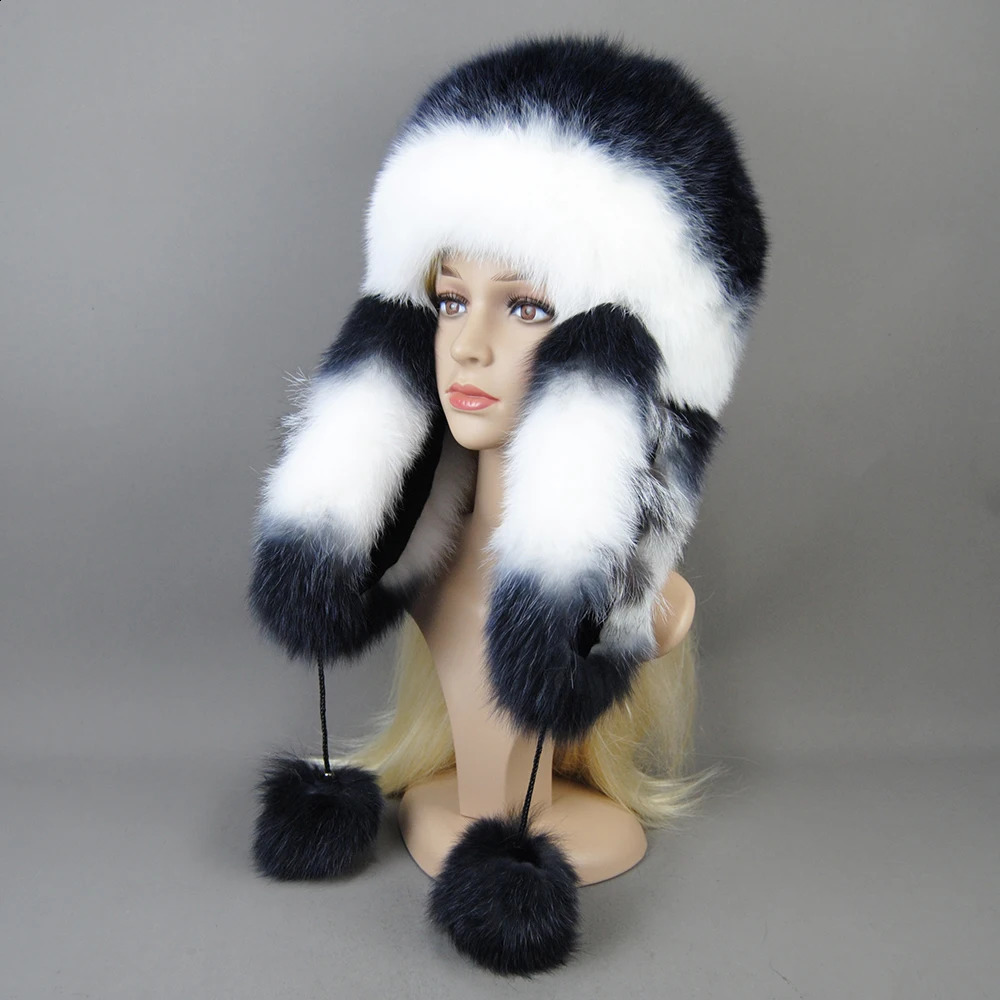 Lady Winter Warm 100 Natural Fur Hat Fashion Fluffy Rex Rabbit Cap Real Bomber Hats 241116