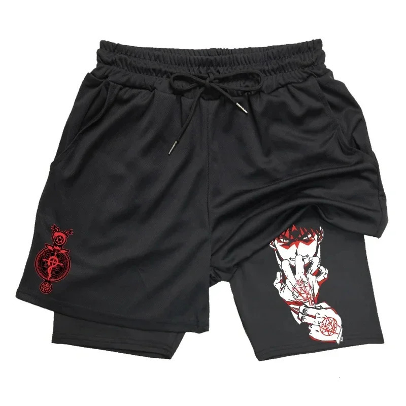 Anime Fullmetal Alchemist Gym Workout Shorts for Men 2 in 1 Compression with Pockets 5 Inch Quick Dry Running Fitness 240411