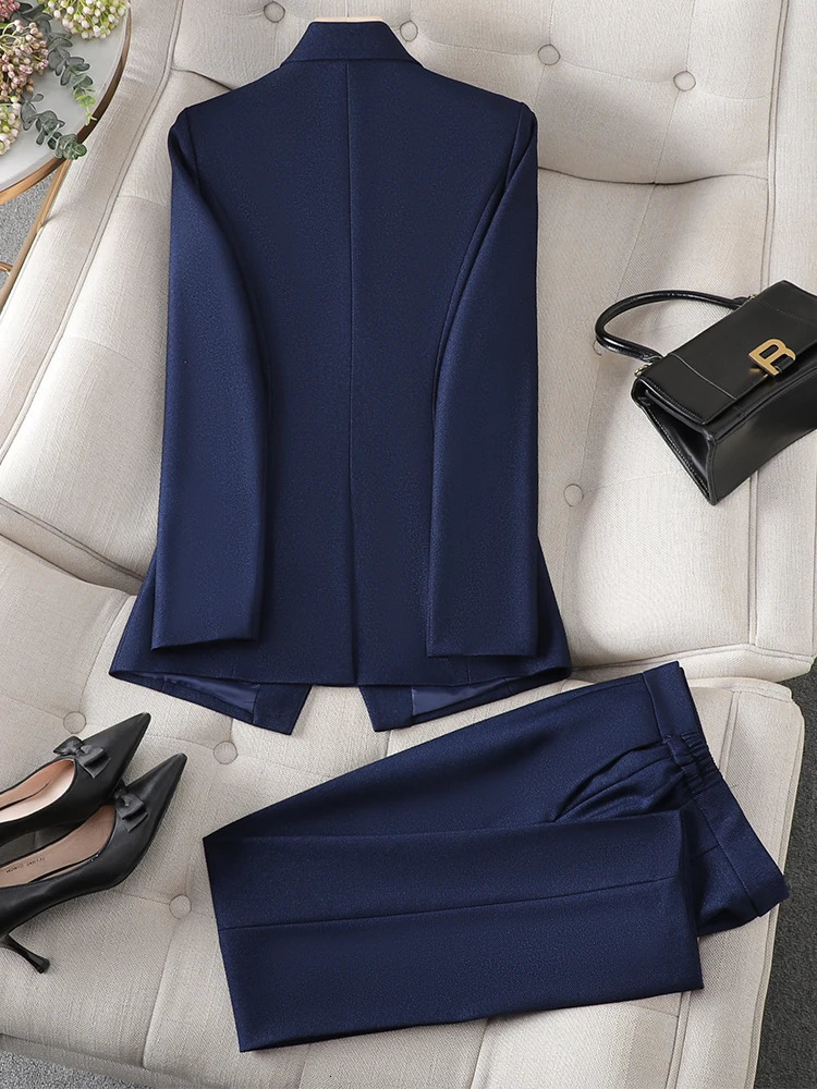 Grey black blue white womens long sleeved solid jacket and Trouser formal 2piece set suitable for autumn winter 241115