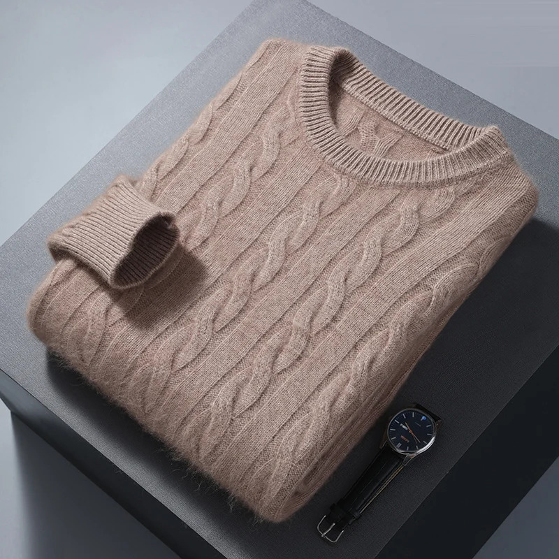 Winter mens thick sweater made of mink and cashmere with a floral round neck large size casual underwear knitted warm top 241115