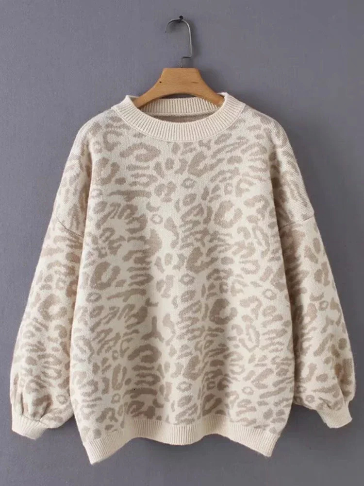 autumn loose round neck zipper leopard print lantern long sleeved sweater for women fashionable knitted top office womens clothing 241115