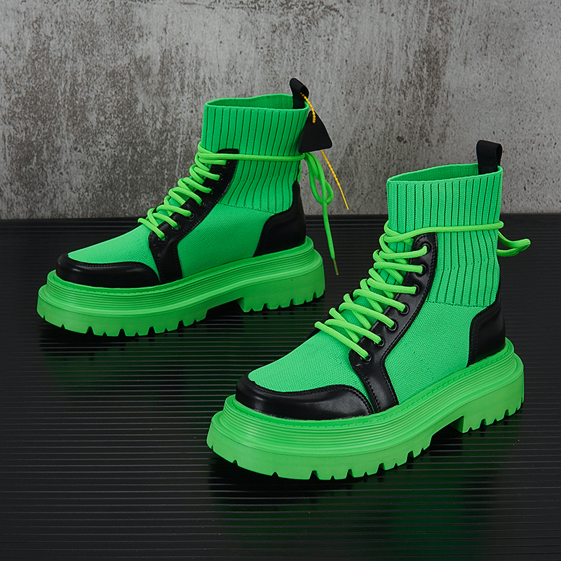 Street Style Thick Sole Man Fashion Sock For Men Breathable Height Increased High Top Male Platform Boots Green Black