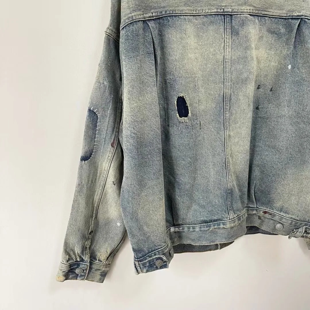 Mens Retro Distressed Broken Dirty Denim Jacket 241115