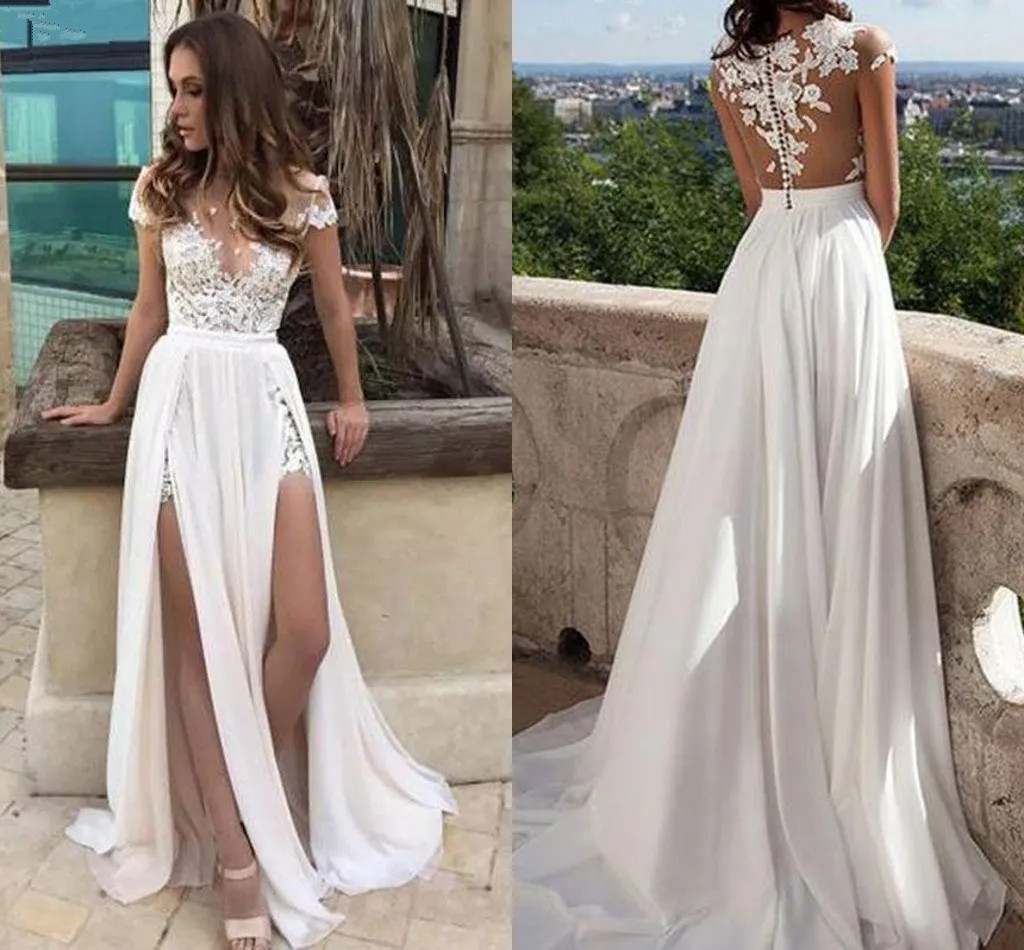 Boho Summer Beach A Line Wedding Dresses Sheer Neck Lace Appliqued Flowy Chiffon Bridal Gowns Sexy High Split Simple Bride Second Reception Party Dres