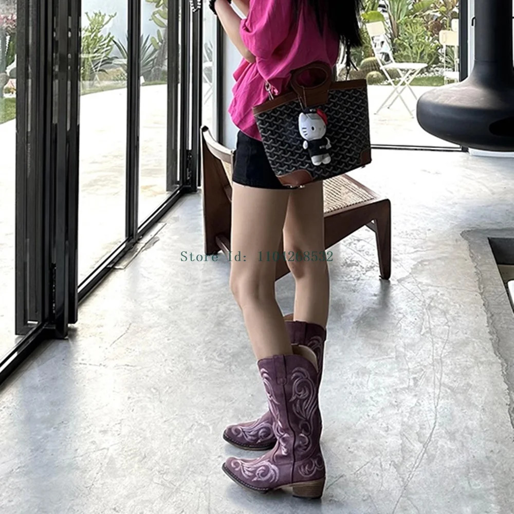 Suede Embroidery Mid calf Boots Square Toes Sexy Square High Heels Slippering in ly Arrived Fashion Cowboy Boots Winter/Spring/Autumn 241115