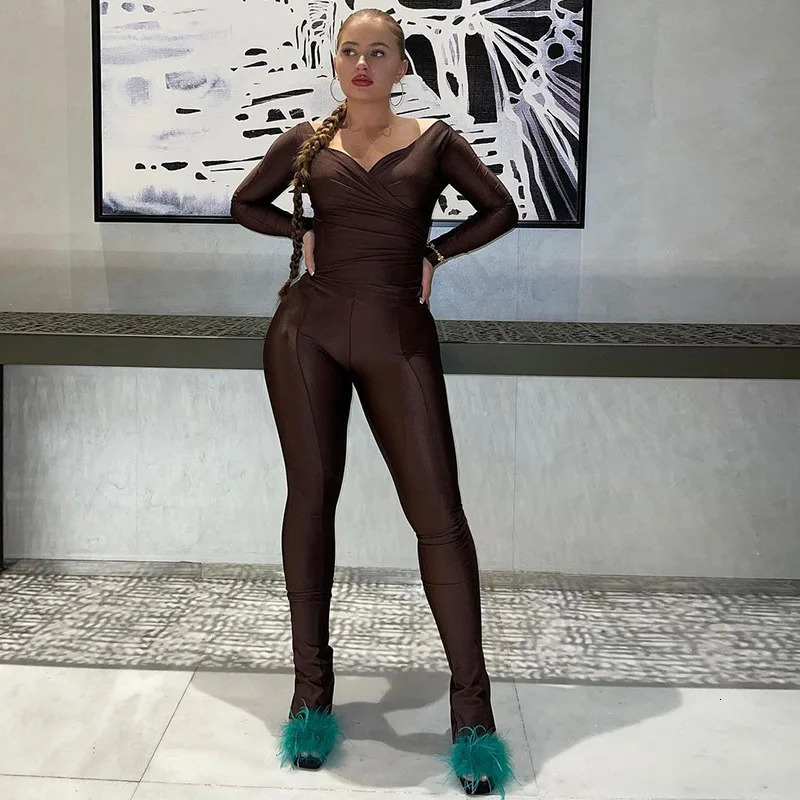 Autumn Womens Sexy Off Shoulder Big Vneck High Waisted Tight Pants Casual Sports Suit 241115