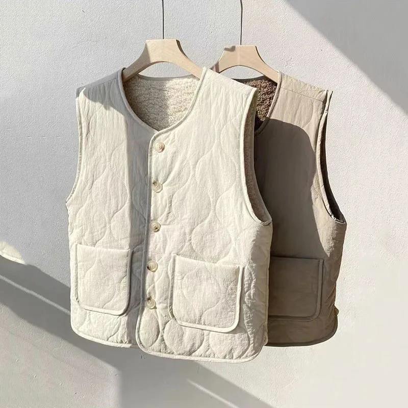 Fashion cotton vest womens cashmere warm jacket winter item large pocket loose sleeveless vest womens casual womens top 241111