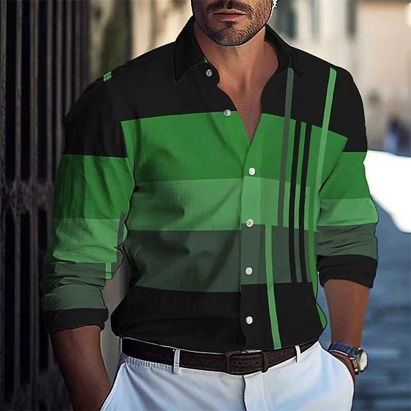 Men's Casual Shirts Mens shirt buttoned casual summer beach long sleeve plaid color block lapel Hawaiian vacation fashion 240416