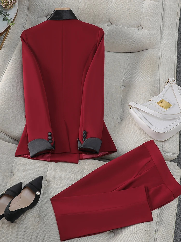 Elegant red and black womens pants set office business work clothes 2piece formal jacket Trouser 241115