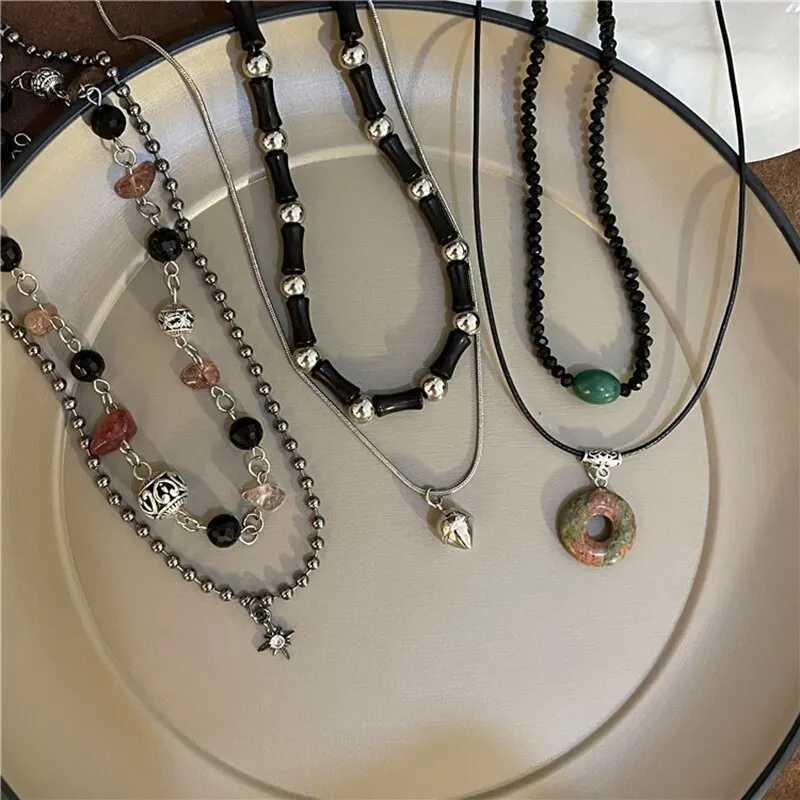 2 pieces of retro peace buckle pendant necklace natural stone bead chain necklace set womens Chinese style jewelry W250318
