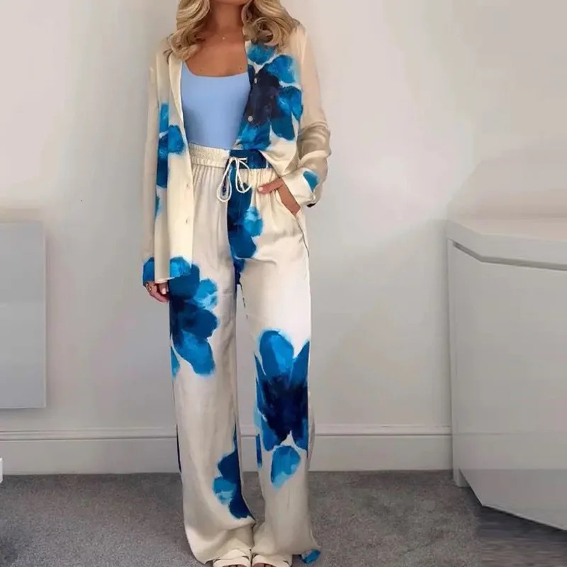 TRAF Print Pants Set Women 2 Piece Flower Green Shirt High Waist Baggy Sets Casual Summer WomenS Top And Bottom 241115