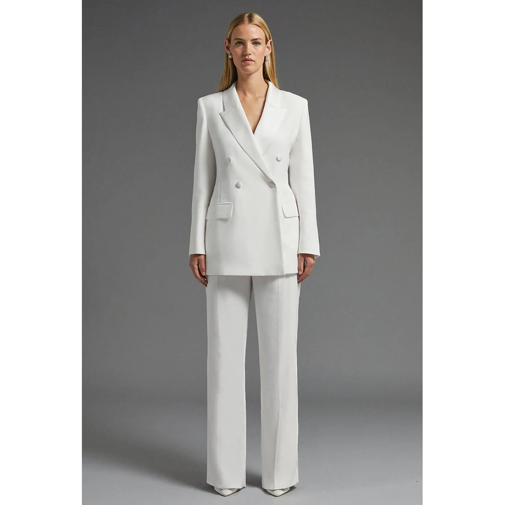 Highend White Double Breasted Women Suit Two PiecesJacketPants Lapel Outfits Chic Casual Party Prom Wedding Set 241115