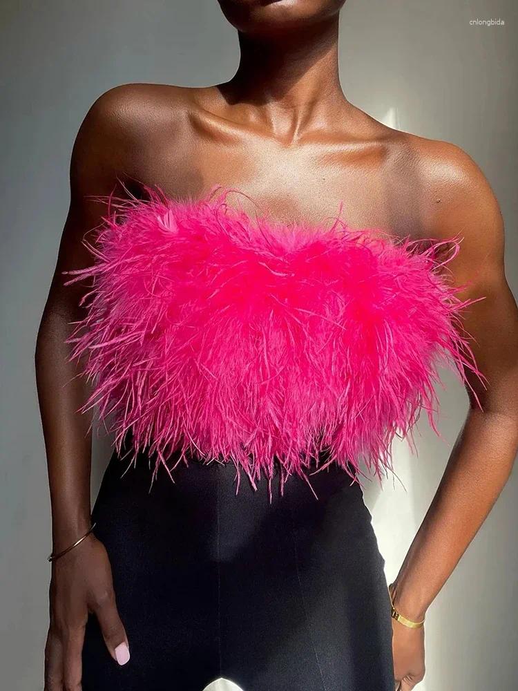 Womens Tanks 2024 Fur Feather Strapless Tube Tops For Women Party Fashion Bustier Cute Top Y2k Club Sexy Mini Fluffy Corset