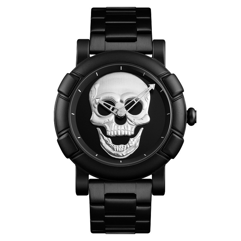 Fashion Men's Large Dial Personalized Skull Creative Steel Strap Quartz Waterproof Trend Dark Messenger Student Watch Thickness 11mm Dial Diamete