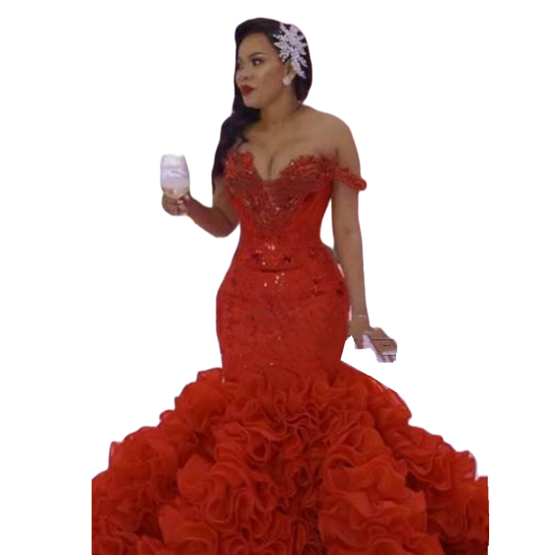 Luxurious Red Mermaid Evening Dresses Ruffles Off Shoulder Lace Appliques Beaded Long Formal Events Gowns Bridal Prom Reception Dress 2025