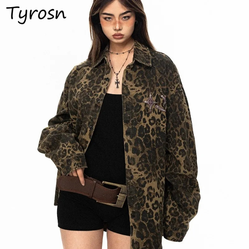Denim jacket womens retro fashion casual top European style street leopard print single chest Y2k daily jacket personality 241115