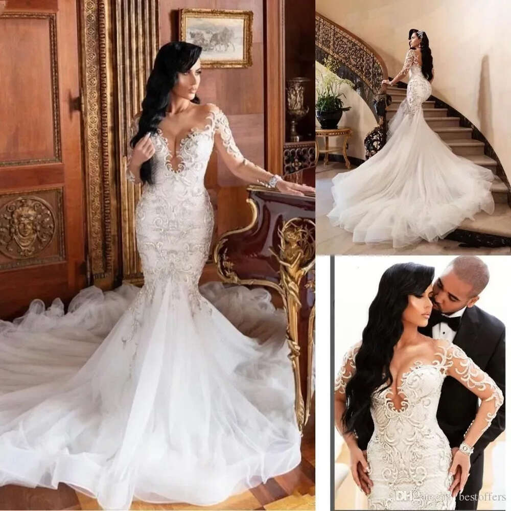 Sexy Dubai African Mermaid Wedding Dresses Illusion Long Sleeves Vestido De Noiva Lace Appliques Slim Bridal Gowns Plus Size BC