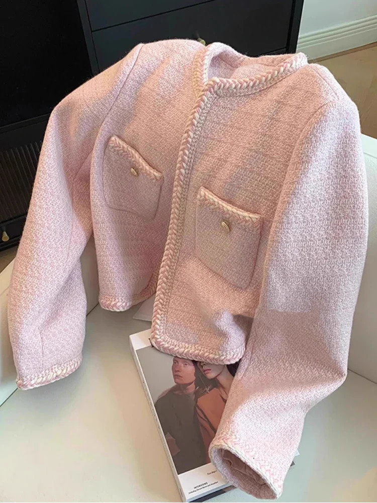 Korean fashion O-neck short jacket for autumn and winter pink sweet coarse tweed jacket 241115