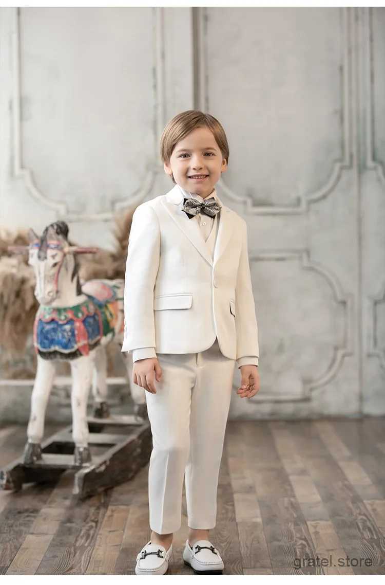 Suits Flower Boys White Baptism Party Dress Children Jacket Vest Pants 3PS Ceremony Photograph Suit Kids Piano Performance Costume