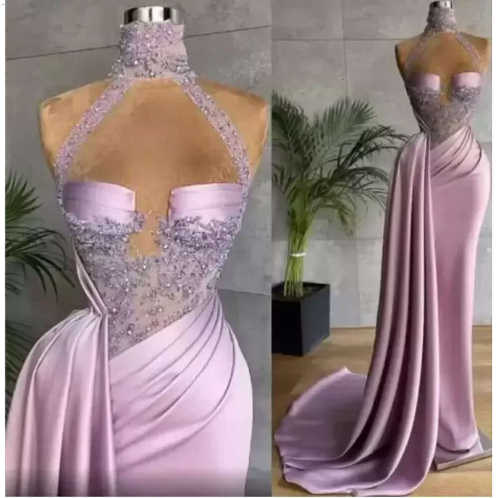 New Aso Sexy Ebi Arabic Prom Plus Size Lilac Lace Beaded Sheath Evening Dresses High Neck Pleats Second Reception Gowns Custom Made