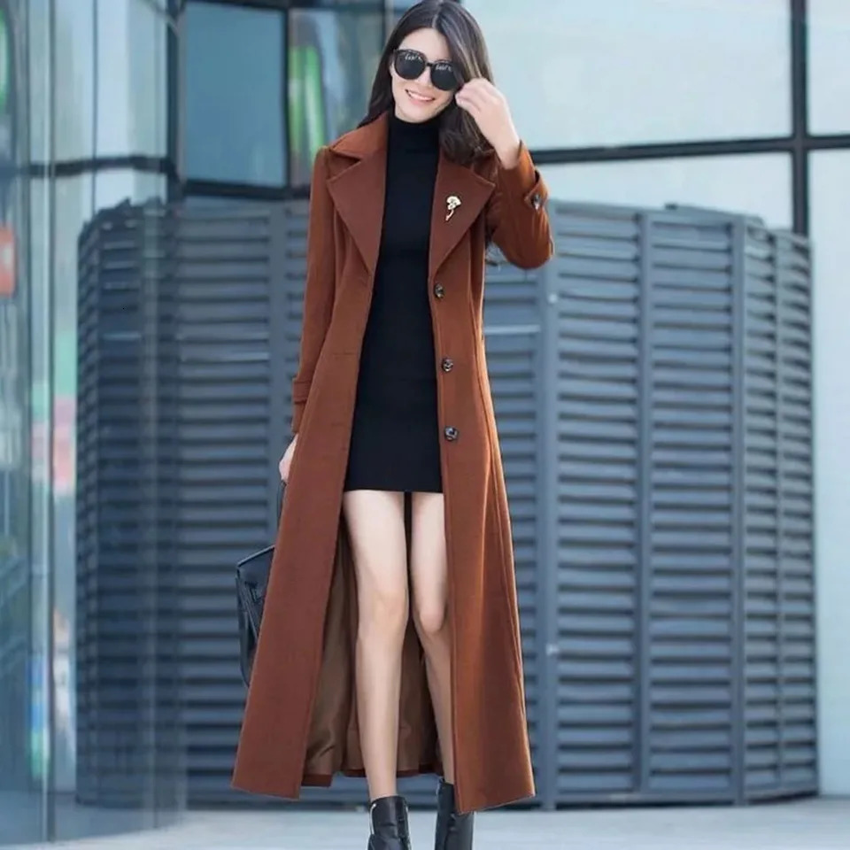 Fashion wool coat womens wool coat winter slim fit Hepburn style extra long knee temperature coat womens trend. 241115