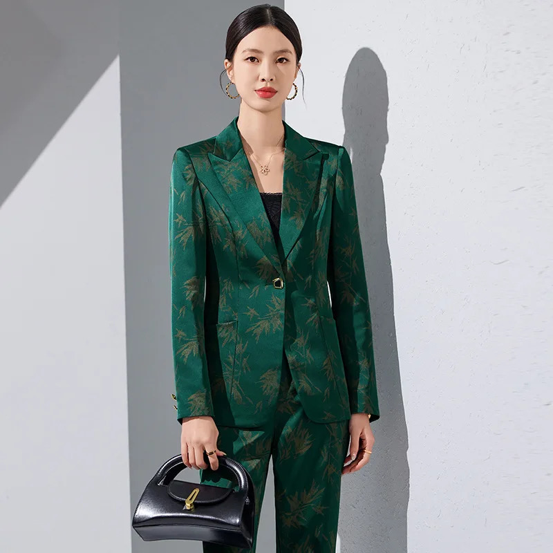 Leaf Print Blazer Pantsuits set suitable for womens offices business single button formal spring and autumn Trouser 241115
