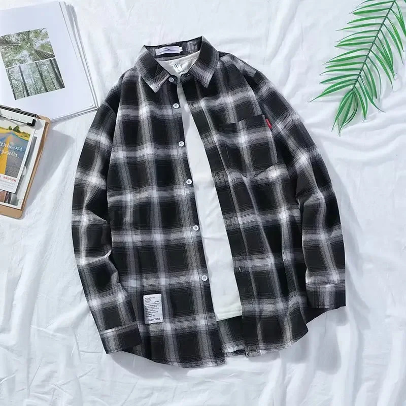 Fashionable Harajuku plaid mens shirt for spring autumn and winter high-quality casual flannel mens retro long sleeved shirt 241112