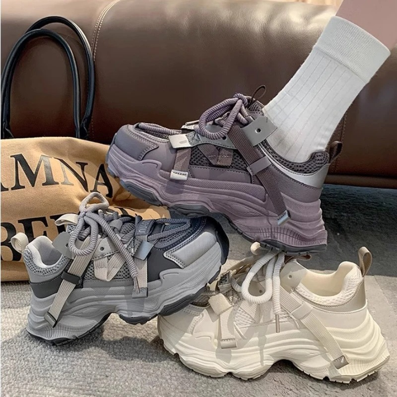 Women's Chunky Sneakers 2024 Spring Breathable Mesh Platform Sports Shoes Woman Fashion Lace Up Thick Sole Casual Shoes Mujer
