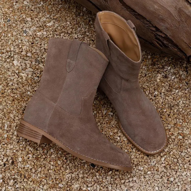 MORAZORA 2025 Genuine Leather Boots for Women Square Middle Heel Retro Denim Suede Western Style Boots Pulled onto Denim Boots Womens Shoes 241115