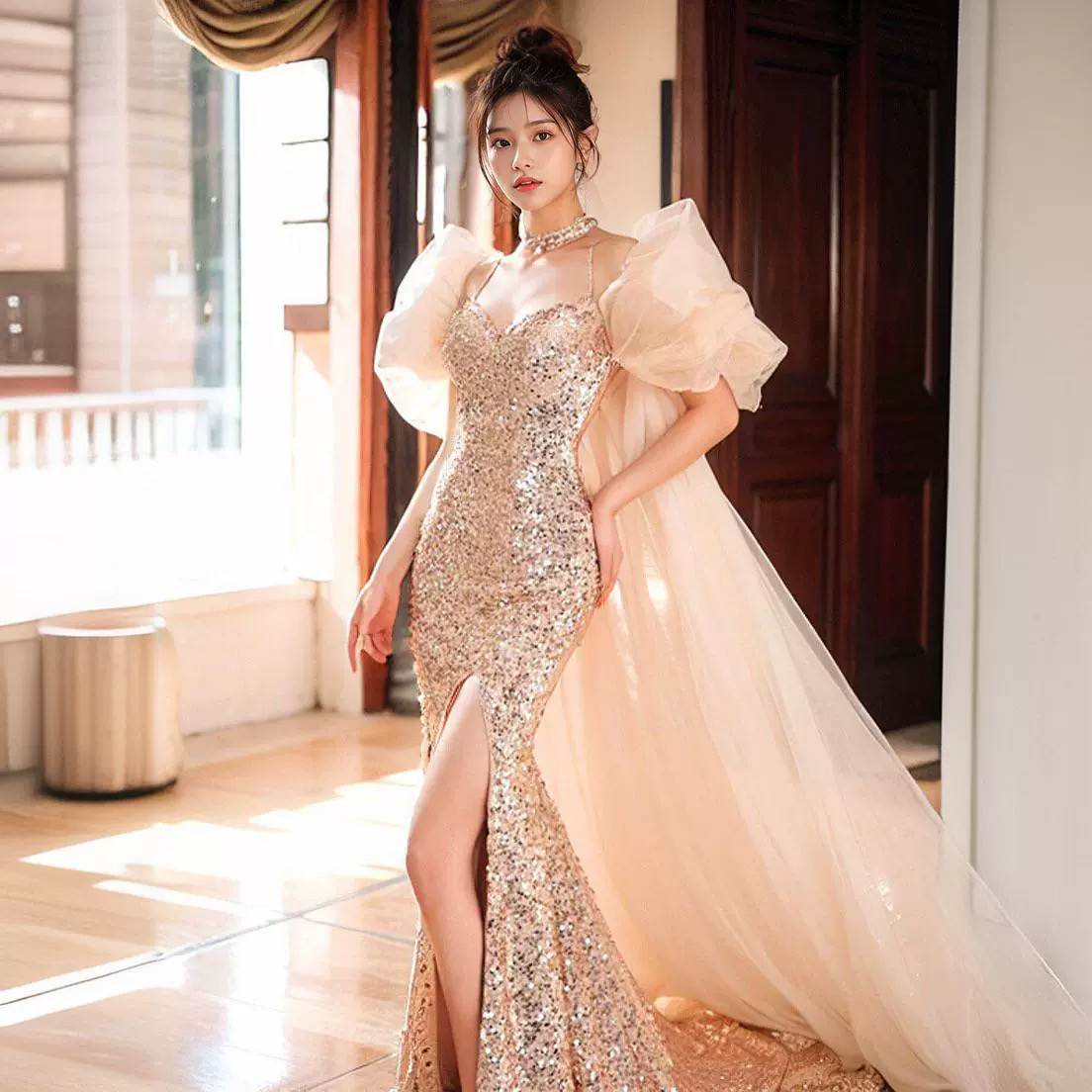 Sexy Sequined Lace Wedding Dresses 2024 New Mermaid Side Split Tulle Robes De Mariage Ruched Long Off Shoulder Sleeves Trumpet Bridal Gowns 0510