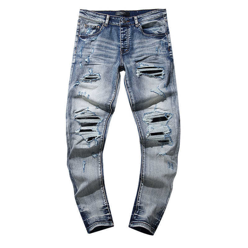 Men's 2024 American High Street Broken Patch Trend Retro Mid-waist Straight Leg Jeans Washed To Make Old Retro Broken Holes Splash-ink Bloke Hand