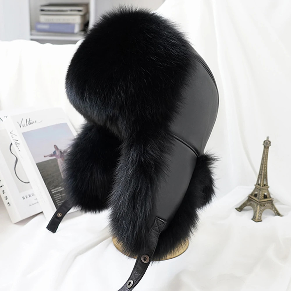 Winter Mens 100% Real Silver Fox Fur Bomber Hat Raccoon Fur Ushanka Cap Trapper Russian Man Ski Hats Caps Real Leather 241116