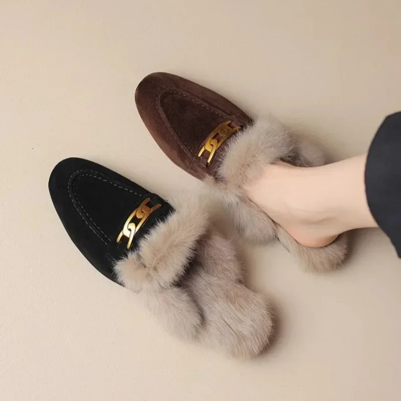 Winter Women Suede Warm Fur Slippers Mules Flats Shoes 2025 Short Plush Flip Flops Cotton Shoes Mujer 241115