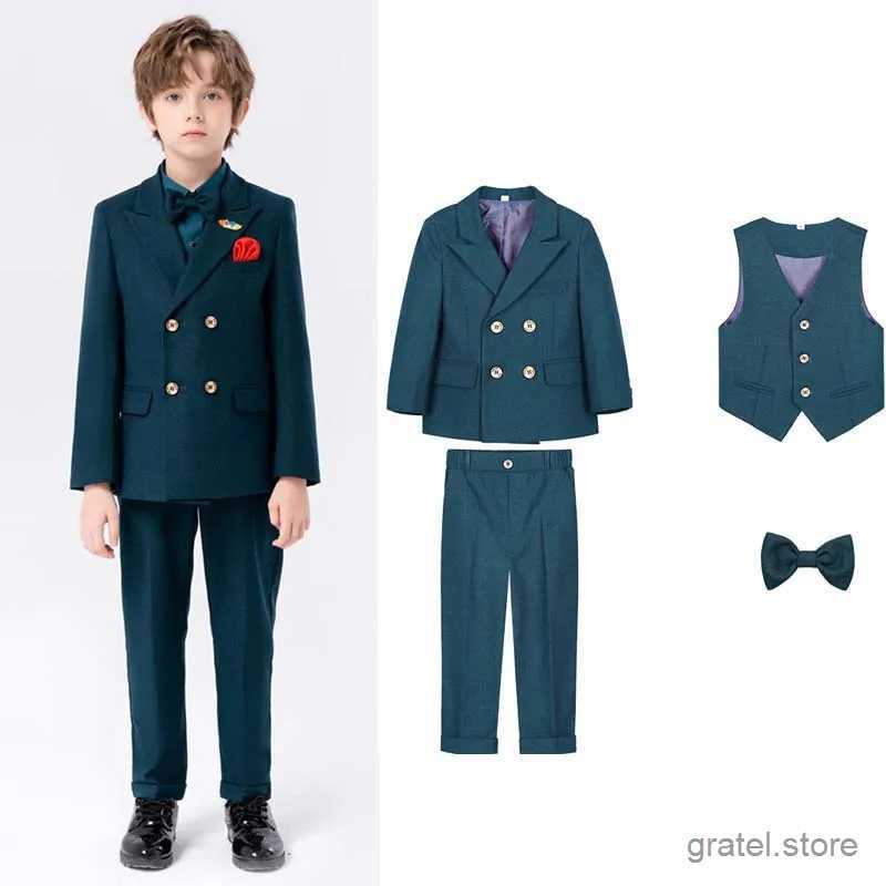 Suits Kids Photograph Suit Flower Boys Formal Wedding Party Performance Dance Tuxedo Wear Children Dark Green Luxurious Birthday Dress