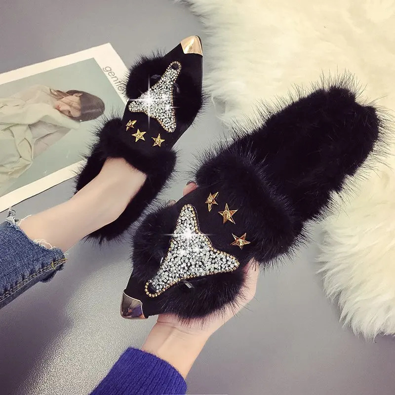 Womens ankle boots crystal womens boots winter fashion metal corner toes fluffy plush high heels womens wedding party shoes 241115