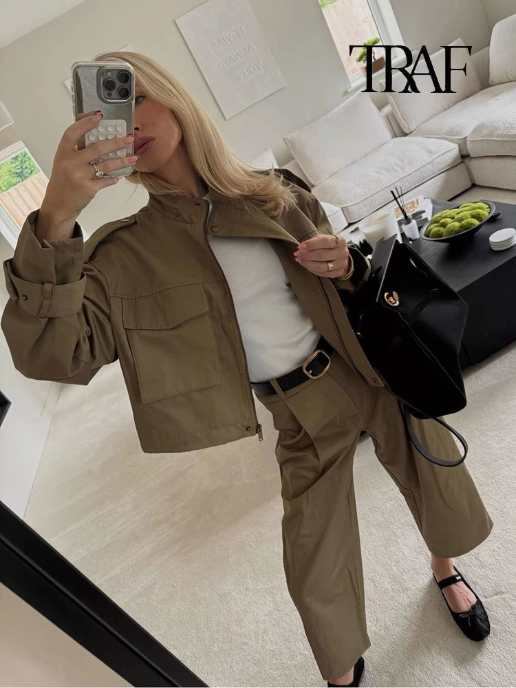 TRAF Womens Fashion Army Green Jacket Coat Two Piece Retro Lapel Pocket Trench Autumn Winter Casual Street Pants Set 241115