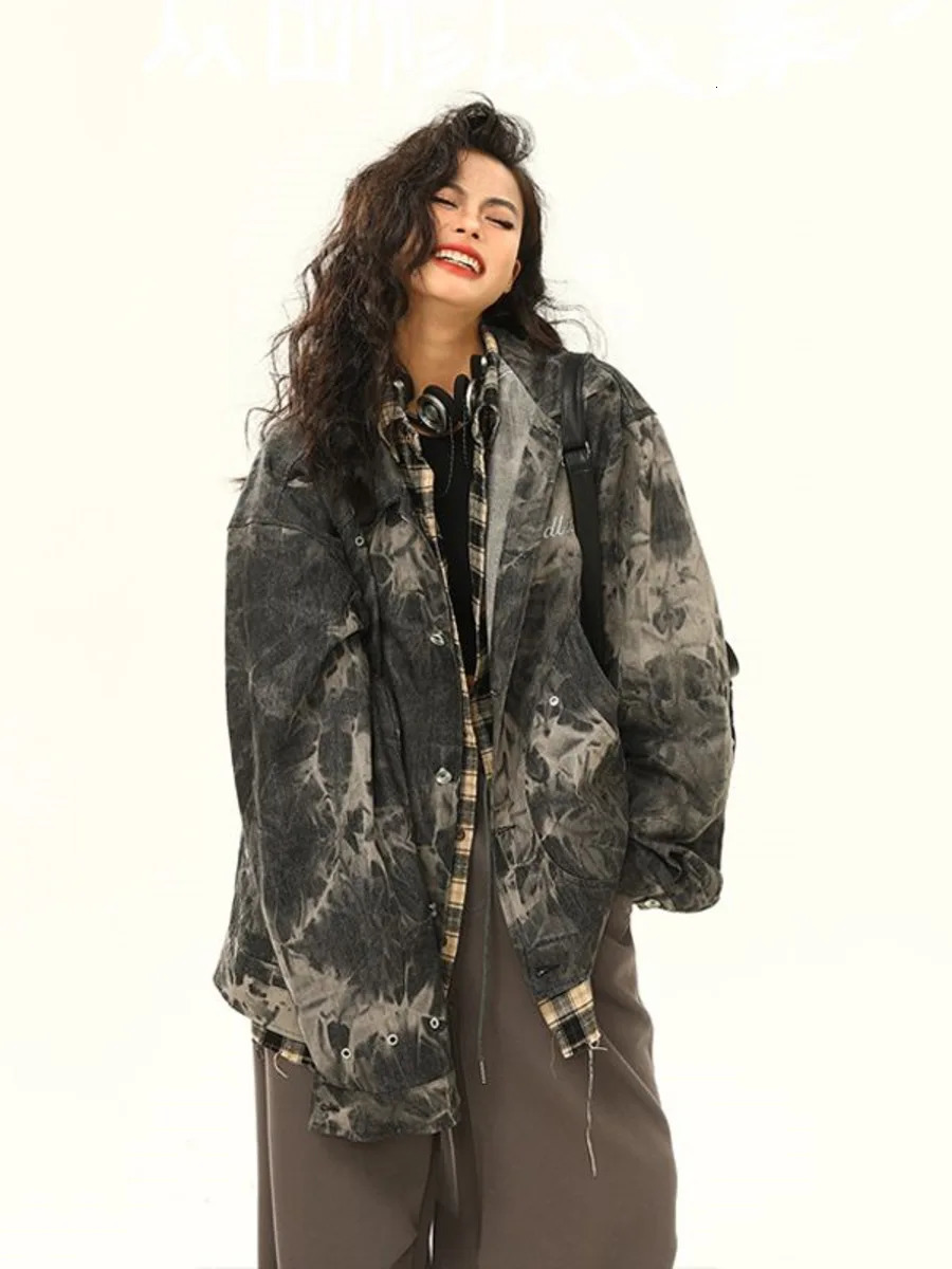 Vintage Y2k tie dye denim jacket mens loose and trendy denim jacket spring and autumn long sleeved full matching casual chic jacket 241115