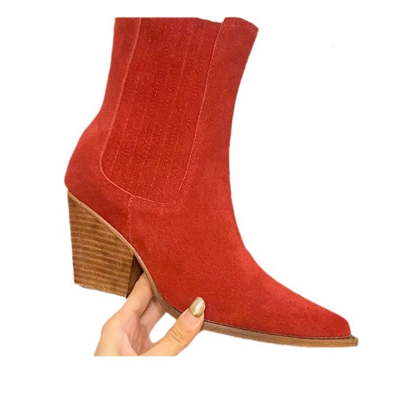 French frosted short boots for women's slim boots 2024 new foreign trade autumn and winter thick single boots retro pointed western boots