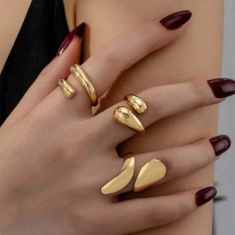 3 pieces/set of retro gold water droplet rings for womens fashion creativity metal smooth geometry adjustable open ring jewelry W250111