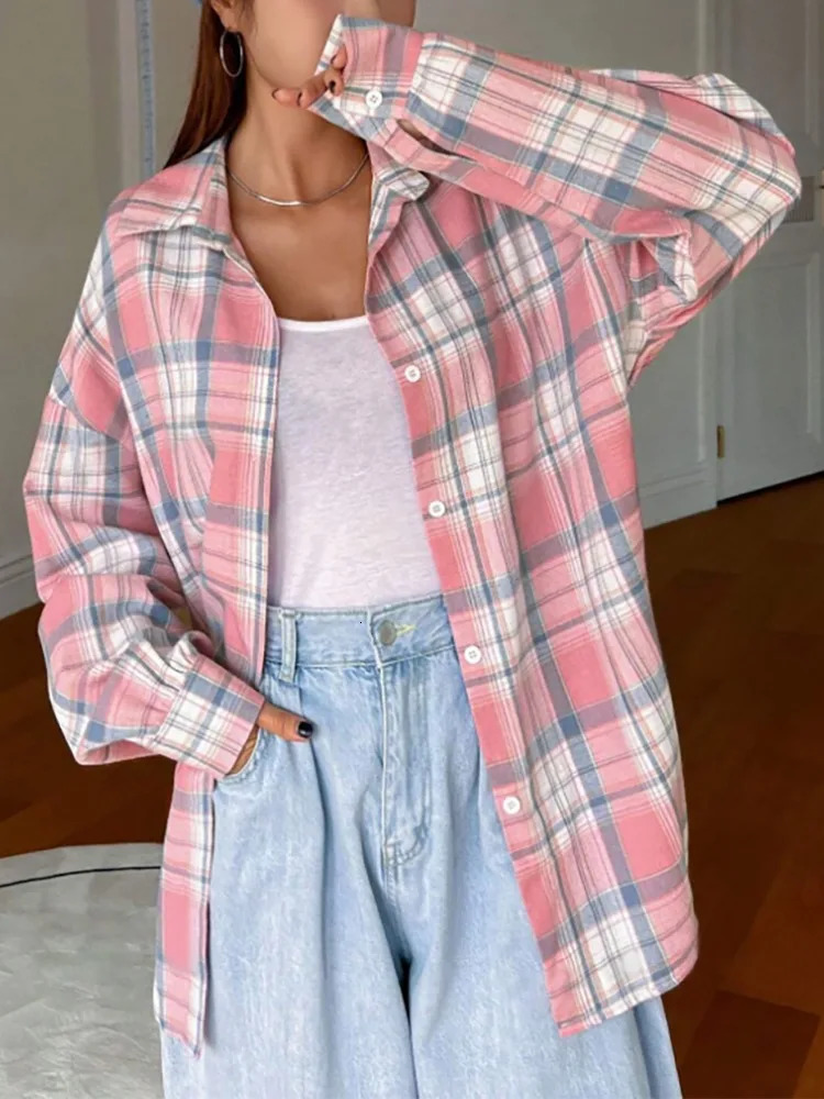 Deeptown long sleeved pink checkered shirt Korean style retro Y2k young womens shirt Harajuku fashion Japanese jacket 241115