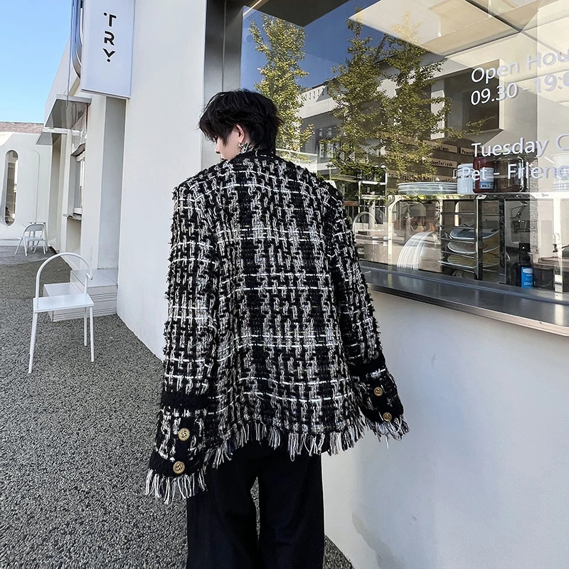 SYUHGFA mens autumn and winter round neck woven tweed loose jacket South Korean Strretwear mens single chest jacket 241115