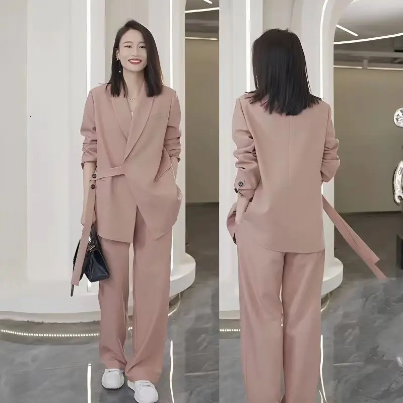 Womens plus size retro casual short lace suit jacket wide leg pants commuting solid color loose twopiece set 241115